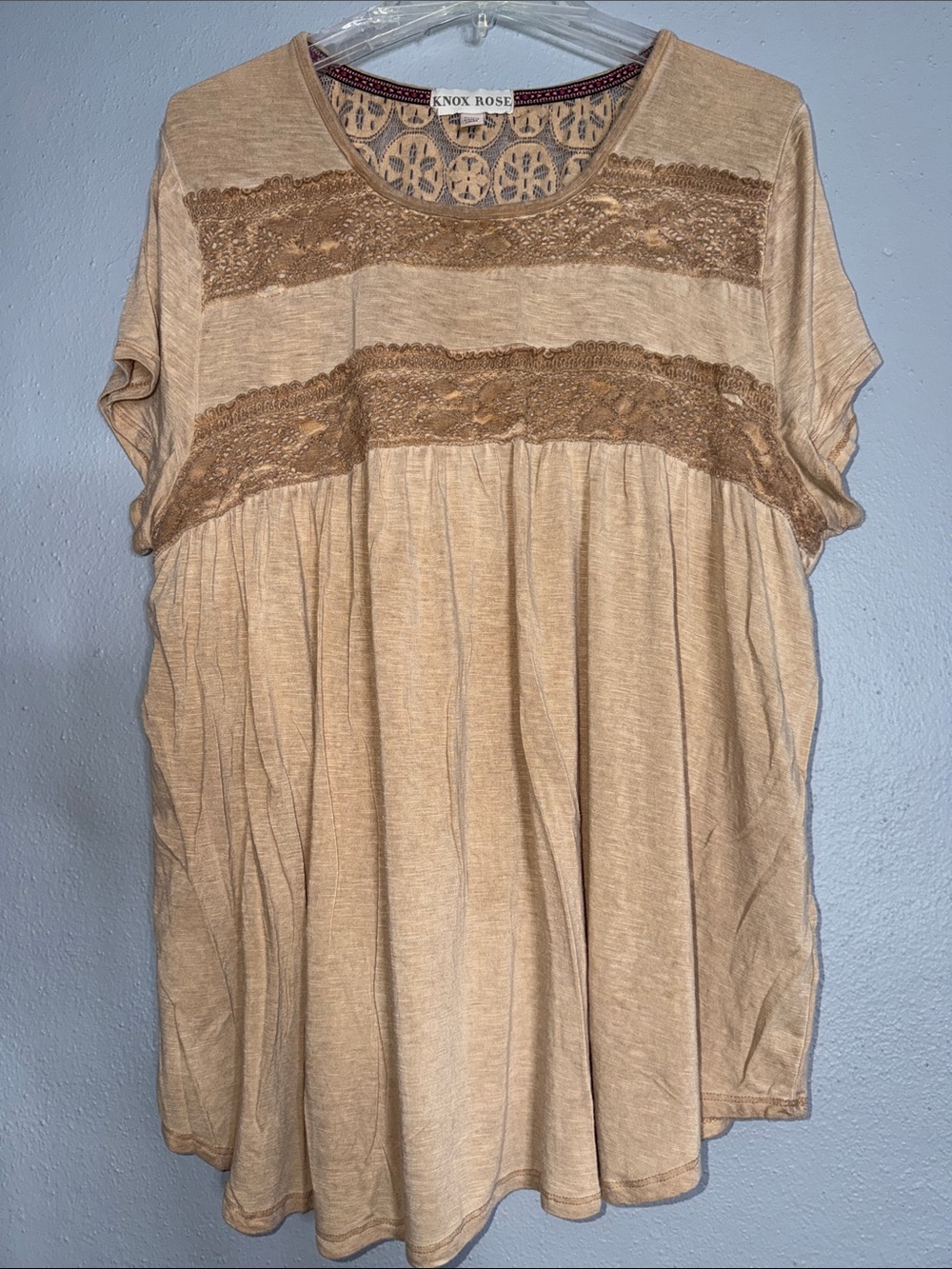 Knox Rose Beige Crochet-Trim Short Sleeve Tunic Top